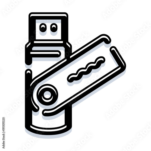 Usb flash drive icon with cute eyes and swivel cap, playful cartoon character symbolizing portable storage, data transfer, backup and simple computer technology concepts