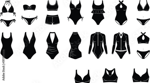 Collection of women swimwear silhouettes including bikini sets, one piece swimsuits and sports tops, black fashion icons for summer beachwear, clothing design, apparel catalog illustration