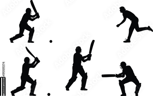 Cricket sport silhouettes with batsman batting, bowler bowling and wicketkeeper catching, professional cricket players action poses isolated black vector illustration collection