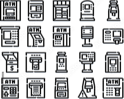 Automated teller machine icons illustrating various types of bank terminals, financial transactions, payment systems, cash withdrawal, and digital banking services