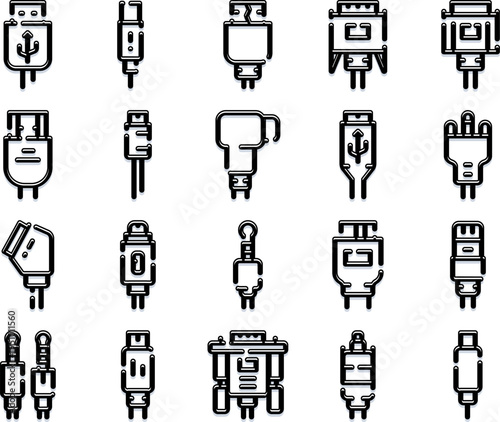 Visualizing a diverse collection of outline icons representing different types of connection plugs and data transfer hardware peripheral connectors used in modern information technology