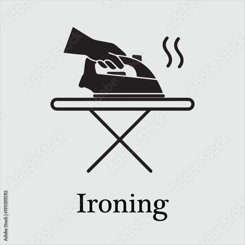 Black and White Minimalist Vector Icon of a Hand Ironing Clothes on an Ironing Board with Steam Symbols, Laundry Service and Garment Care Concept Graphic