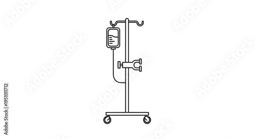 Medical IV Drip Stand with Bag and Wheels - Simple Line Art Illustration