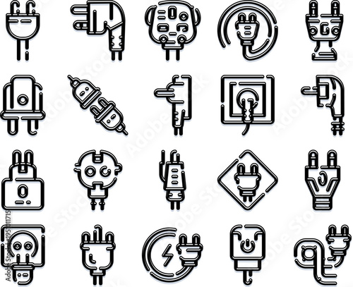 Collection of outline icons depicting various electrical plugs, power sockets, and adapters, illustrating concepts of energy connection, electricity, and hardware for everyday use