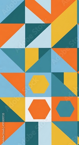 Brightly colored geometric composition featuring triangles and hexagons in a repeating pattern