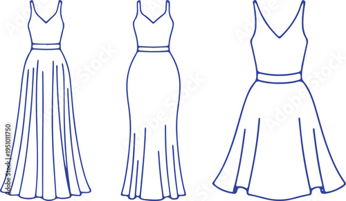 Comparison of three elegant v-neck gown styles with varying skirt lengths and designs