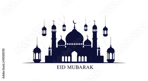 An elaborate islamic mosque design with hanging lanterns and a crescent moon silhouette high quality professional