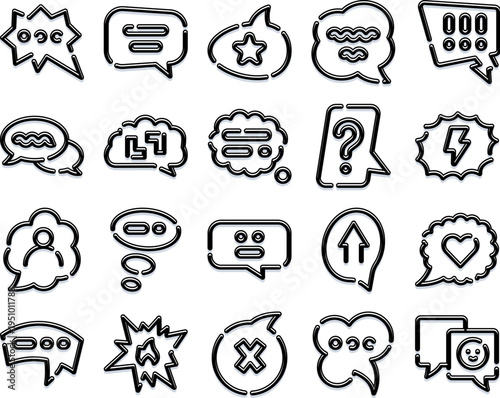 Set of various black line art speech bubbles with graphic symbols and expressions, conveying different messages, digital dialogue, and online interaction concepts on a white background
