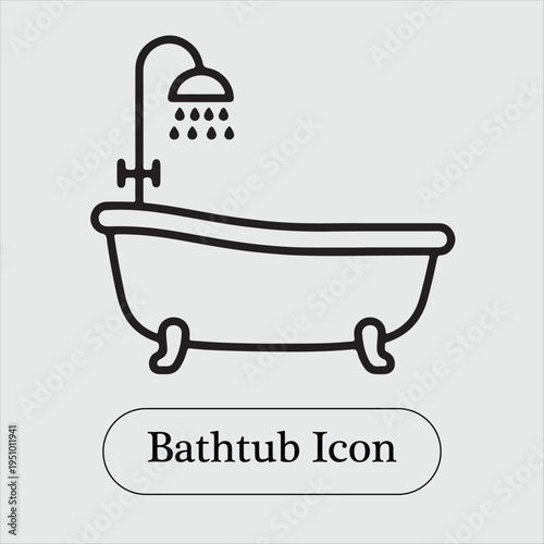 Minimalist Bathtub Icon Vector – Clean Bathroom Tub with Shower Line Art, Simple Black Outline on White Background, Modern Flat Design for UI, App, Web, Print, and Stock Illustration