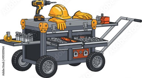 Construction Tool Cart with Power Drill, Safety Helmet, Gloves and Hardware Equipment Mobile Workshop Vector Illustration