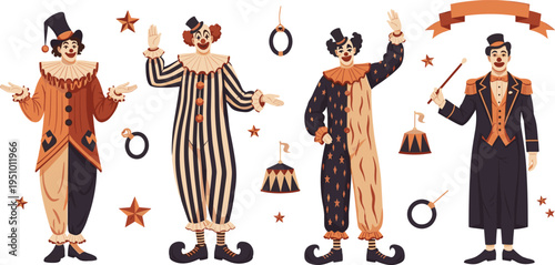 Vintage Circus Clown Characters Set with Classic Costumes, Ringmaster and Retro Carnival Performers Vector Illustration