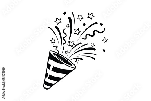 Black and white illustration of a party horn with stars and confetti, celebrating a special occasion or event, festive and fun design element.