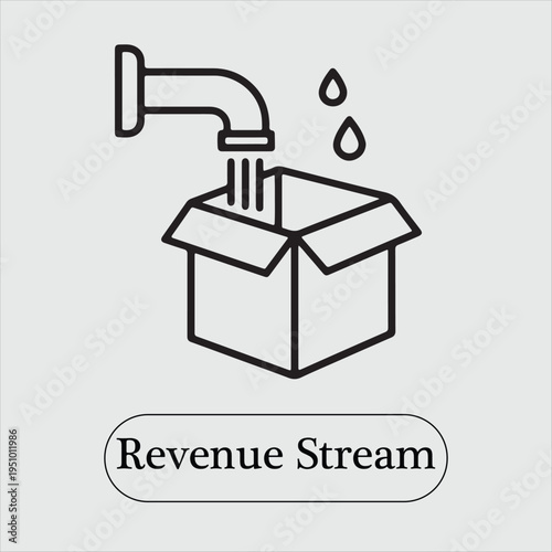 Revenue Stream Concept: Line Art Illustration of a Water Faucet Pouring Liquid into an Open Box Representing Financial Growth and Cash Flow.