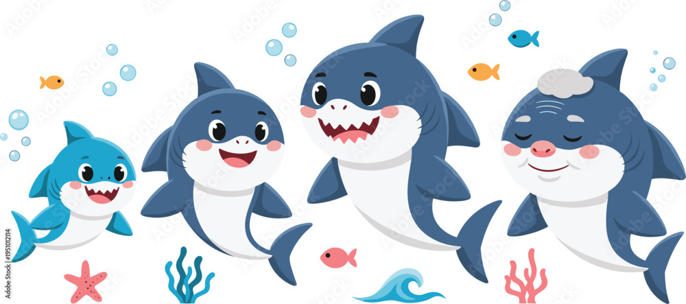 Fototapeta premium Cute Cartoon Shark Family Set with Baby, Parent Sharks and Underwater Sea Elements Friendly Marine Animal Vector Illustration