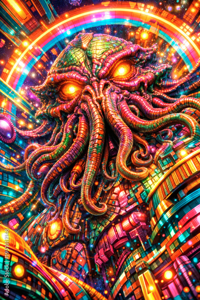 Fototapeta premium Abstract Cosmic Tentacle Monster with Glowing Eyes and Vibrant Colors