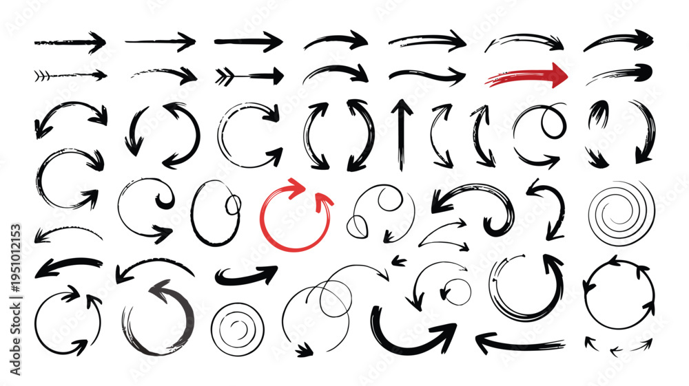 Naklejka premium Abstract hand drawn arrow icons collection in various curved directions isolated on white background