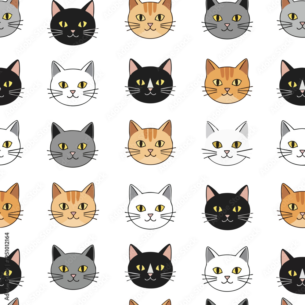 Fototapeta premium A repeating pattern of cartoon cat faces in various colors and stripes