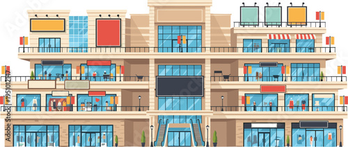 Modern Shopping Mall Building with Multiple Storefronts, Balconies, Advertising Billboards and Urban Retail Architecture Vector Illustration