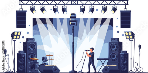 Live Music Concert Stage Setup with Singer, Microphone, Speakers, Lighting and Band Instruments Performance Vector Illustration