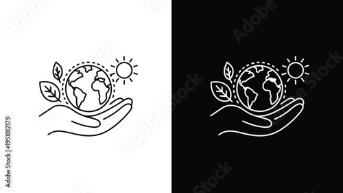 Eco friendly sustainability concept with hand holding earth line icon in light and dark mode design