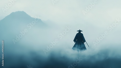 A lone samurai walking through dense fog enigmatic landscape dramatic atmosphere peaceful viewpoint spiritual journey