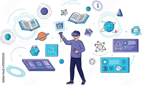 Virtual Reality Education Concept with Student Using VR Headset for Interactive Learning Science, Technology and Digital Knowledge Vector Illustration