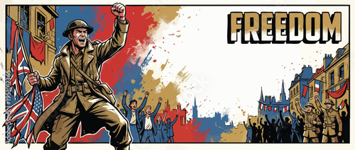 Military Hero Celebrating Victory Day in a Dynamic Heroic Pose with Flag and Crowd