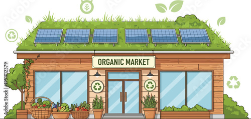 Organic Market Store with Green Roof, Solar Panels and Fresh Vegetables Eco Friendly Sustainable Grocery Shop Vector Illustration