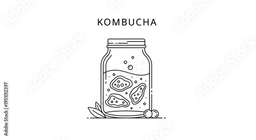Kombucha Fermentation Jar with SCOBY and Bubbles, Healthy Probiotic Drink