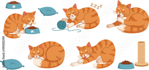 Cute Cartoon Ginger Cat Daily Activities Set with Sleeping, Eating, Playing with Yarn and Pet Care Elements Vector Illustration