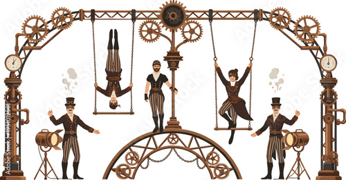 Steampunk Circus Performers with Mechanical Gears, Acrobats, Strongman and Vintage Industrial Stage Fantasy Vector Illustration