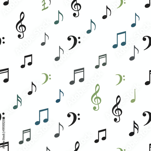 Seamless pattern of black, green, and blue musical notes