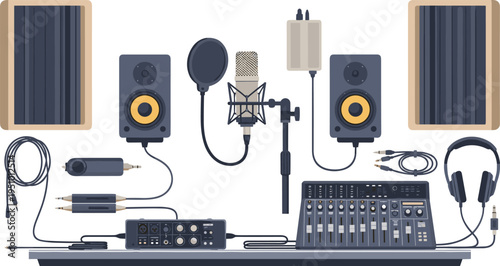 Professional Audio Recording Studio Setup with Microphone, Mixer Console, Studio Monitors, Headphones and Acoustic Panels Vector Illustration