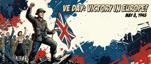 Victory Day Celebrations Heroic Soldier and Cheering Crowd with Union Jack