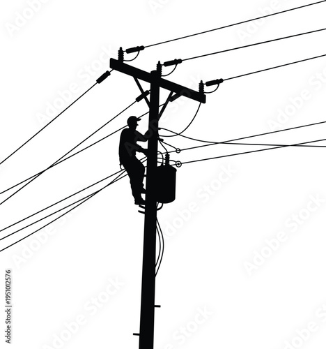 Silhouette of electrician technician repairing power lines on a high voltage pole