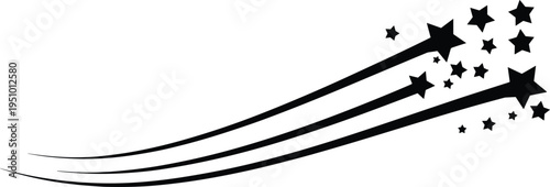 Black shooting stars silhouette with elegant trail lines isolated on white background