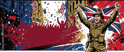 Soldier Holds British Flag During Peace Celebration with Confetti and Crowd