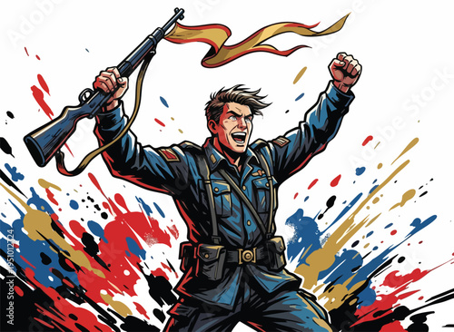 Victory Soldier Celebrating with Rifle and Confetti in Dynamic Heroic Pose