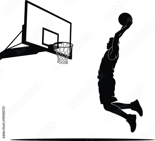 Silhouette of a professional basketball player performing a powerful slam dunk actionSilhouette of a professional basketball player performing a powerful slam dunk action