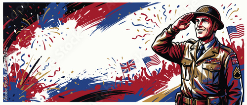 Soldier Saluting Celebrating Victory Day with Confetti and Flags Dynamic Heroic Pose