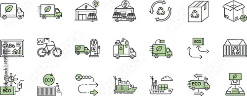 Eco friendly logistics and green transportation line icon set featuring electric delivery trucks, recycling boxes, sustainable shipping and eco supply chain