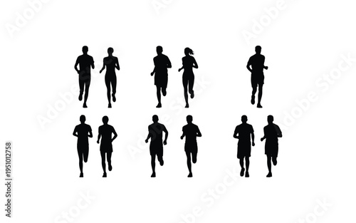 Black Silhouette of People Running and Jogging, Diverse Group of Men and Women in Athletic Poses Isolated on White Background,