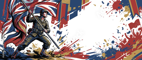 Soldier Raising British Flag Celebrating Victory in Europe Day Dynamic Heroic Pose