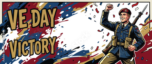 Victory Soldier in Dynamic Heroic Pose Celebrating Ve Day