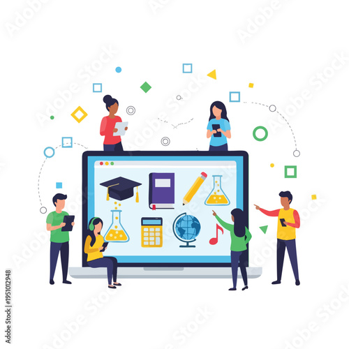 Diverse group engaging in online learning with educational symbols