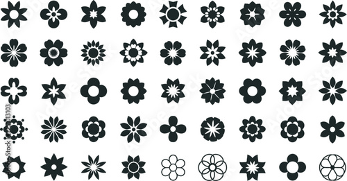 Collection of various stylized solid black geometric flower icons displays sharp, defined silhouettes against a white background.