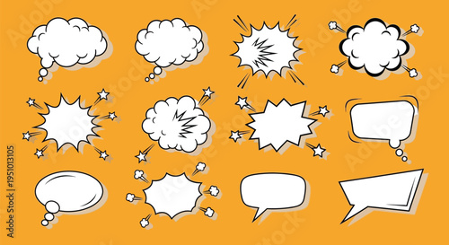 Assortment of hand-drawn white comic book style speech bubbles and explosion shapes float against a textured orange background.