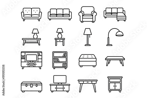 Furniture Line Icon Set – Living Room Sofa Chair Table Lamp Interior Outline Vector Minimal UI Pack