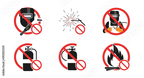 Set of six essential industrial safety prohibition signs illustrating warnings against welding sparks gas tanks and open flames for workplace regulation compliance