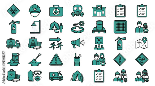 Industrial safety and emergency response icon set. Hazmat, biohazard, first aid, evacuation, protection, workplace, occupational health, chemicals, disaster, rescue